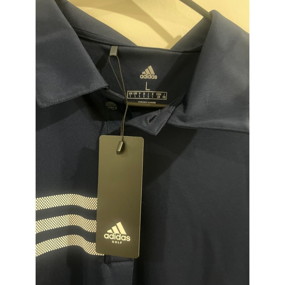 NWT Men’s Large Golf Polo Adidas Navy Blue White EVACPO sleeve Logo - Picture 2 of 4